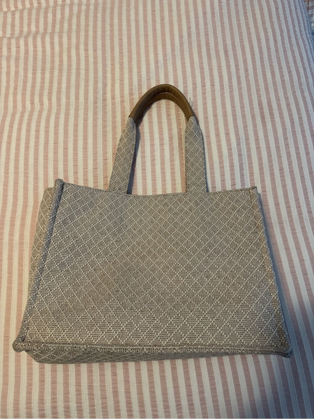 Neutral Tan Woven Tote Bag with Brown Handles